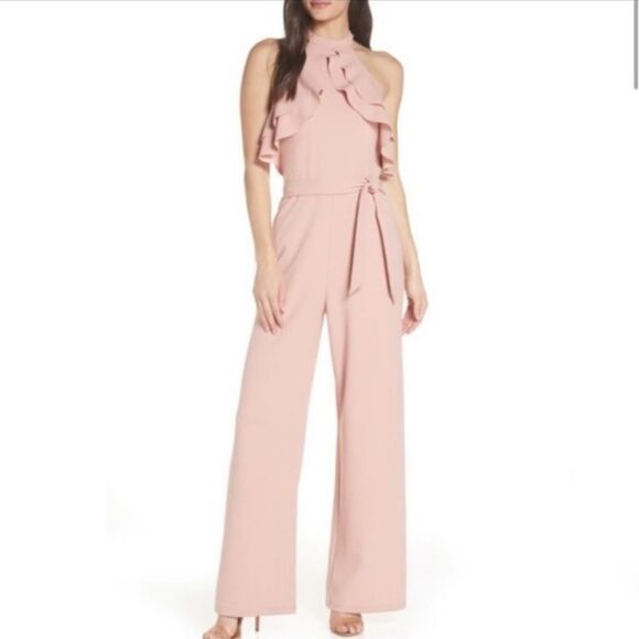 NWT Avec Les Filles Blush Pink Ruffle Halter Jumpsuit size 4 
New - Picture 2 of 9